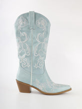 Light Blue Floral Embroidered Wide Mid Calf Cowgirl Boots Block Heeled Western Boots